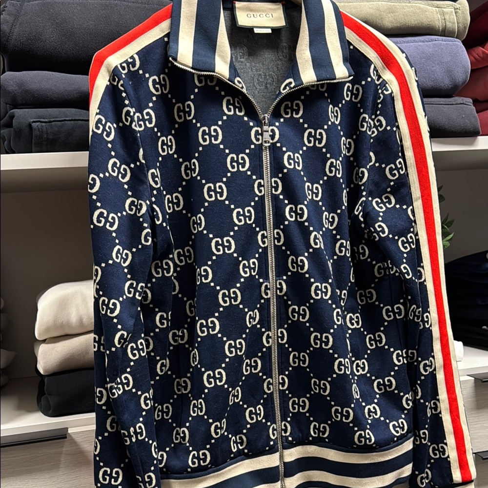 Gucci Blue GG Monogram Track Jacket with Red Stripes